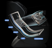 The Osaki 4D YogaFlex Massage Chair features a visible SL-Track 4D mechanism that targets the neck, back, waist, hips, and hamstrings along an S-shaped path. Blue arrows show the massage flow and a built-in leg massager adds extra relaxation.