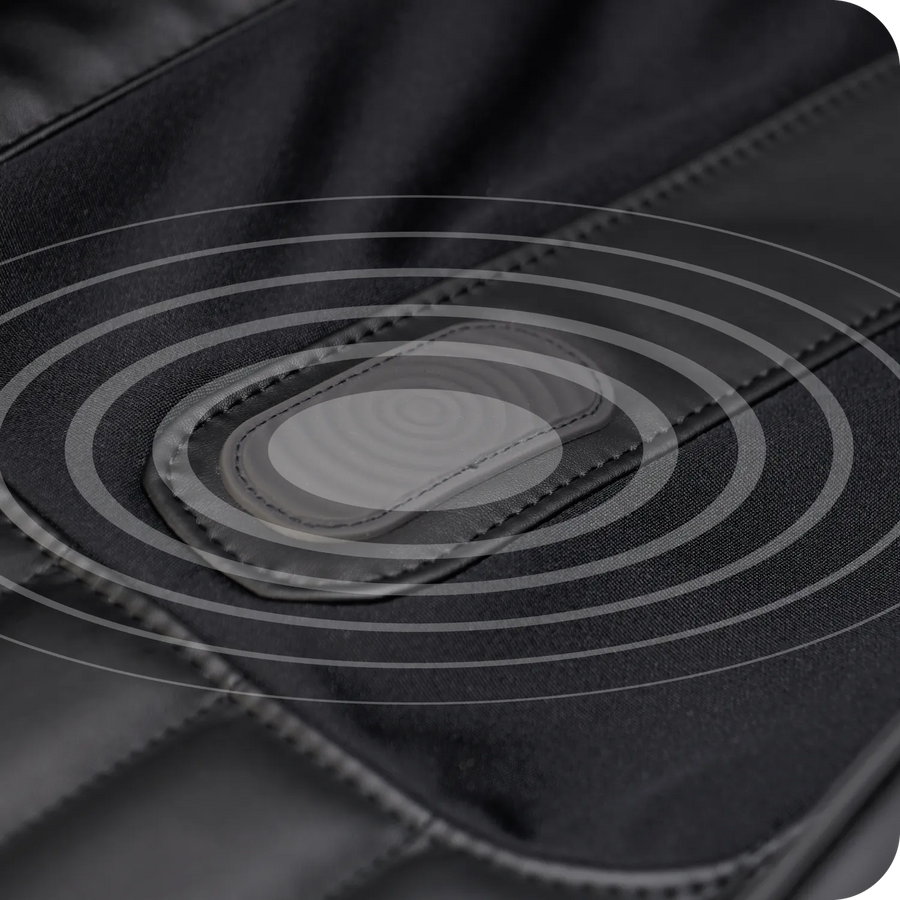 Close-up of the Osaki 4D YogaFlex Massage Chair’s black padded surface, featuring a central rectangular patch with concentric lines that showcase the chair’s advanced 4D SL-Track massage technology.