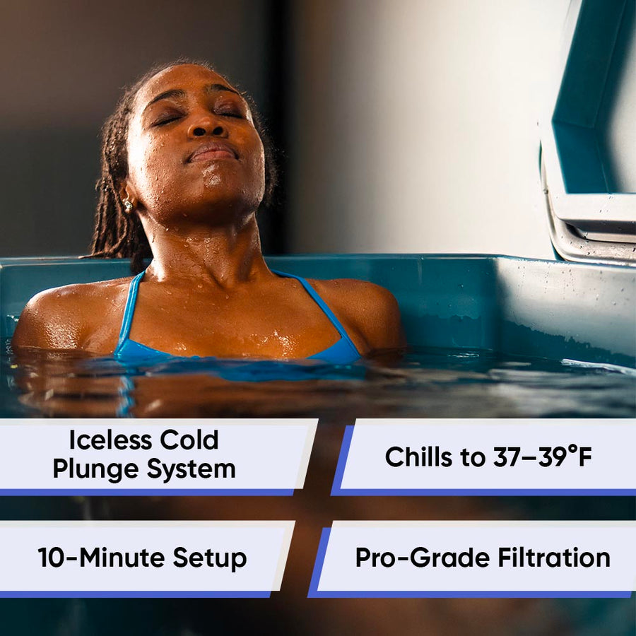 A person relaxes in the Modtub 2.0 by Modtub, eyes closed in a blue swimsuit. Features: Iceless Cold Plunge System, chills water to 37–39°F, quick 10-minute setup, and pro-grade filtration for superior cold therapy.