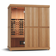 The Finnmark FD-3 Full Spectrum Infrared Sauna by Finnmark seats 3-4 people and features vertical and horizontal paneling, visible interior benches, full spectrum infrared heating elements, and warm internal lighting.