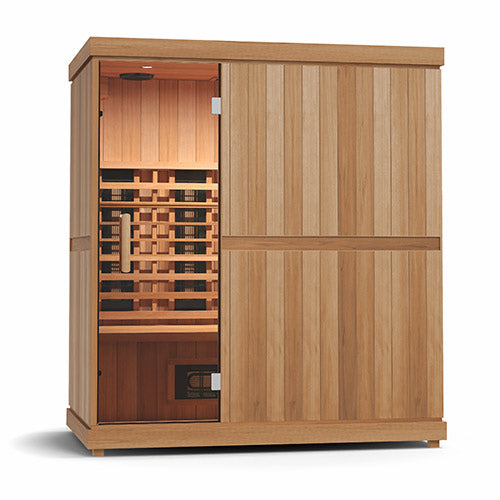 The Finnmark FD-3 Full Spectrum Infrared Sauna by Finnmark seats 3-4 people and features vertical and horizontal paneling, visible interior benches, full spectrum infrared heating elements, and warm internal lighting.