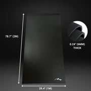 The Icebound Essentials Performance Pad is a large black heavy-duty mat (78.7" x 39.4", 0.24" thick) with a small mountain logo—perfect for protecting your home gym equipment. A rolled edge is featured in a circular close-up inset.