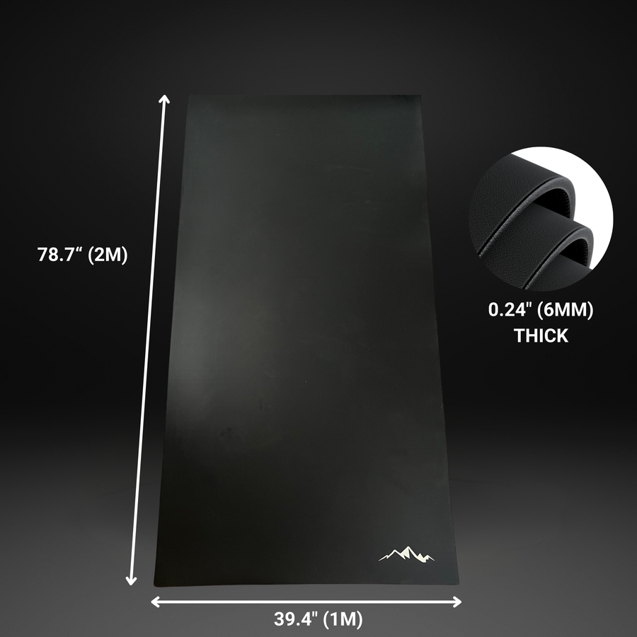 The Icebound Essentials Performance Pad is a large black heavy-duty mat (78.7" x 39.4", 0.24" thick) with a small mountain logo—perfect for protecting your home gym equipment. A rolled edge is featured in a circular close-up inset.