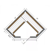 Diagram of the SunRay Bristol Bay 4-Person Indoor Corner Sauna 400KC, highlighting its ergonomic design and corner seating configuration.