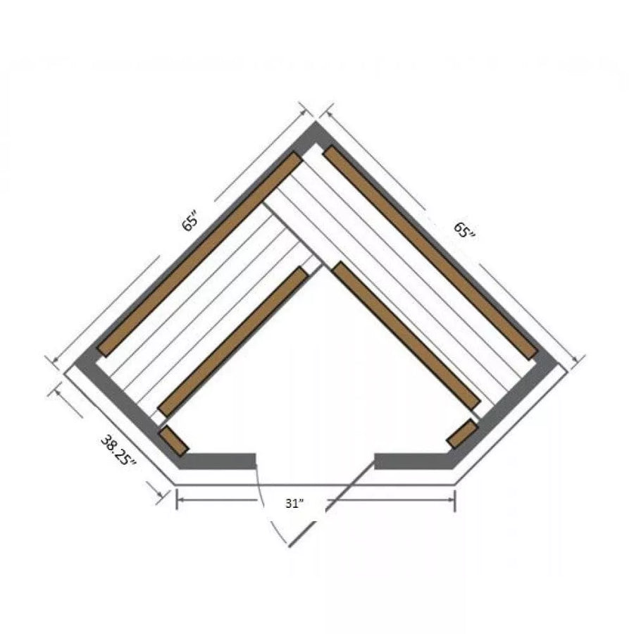 Diagram of the SunRay Bristol Bay 4-Person Indoor Corner Sauna 400KC, highlighting its ergonomic design and corner seating configuration.