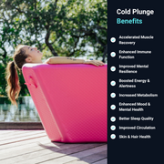 A woman enjoys the Pink Endurance Plunge + Chiller by Icebound Essentials outdoors. Nearby, ice bath benefits are listed: muscle recovery, immune function, mental resilience, energy, metabolism, mood, sleep, circulation & skin/hair health.