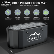 A black Performance Pad from Icebound Essentials sits beneath a cold plunge tub, offering slip resistance, water repellency, durable and impact-resistant design, and equipment protection for your home gym. Logo is visible on the pad and tub.
