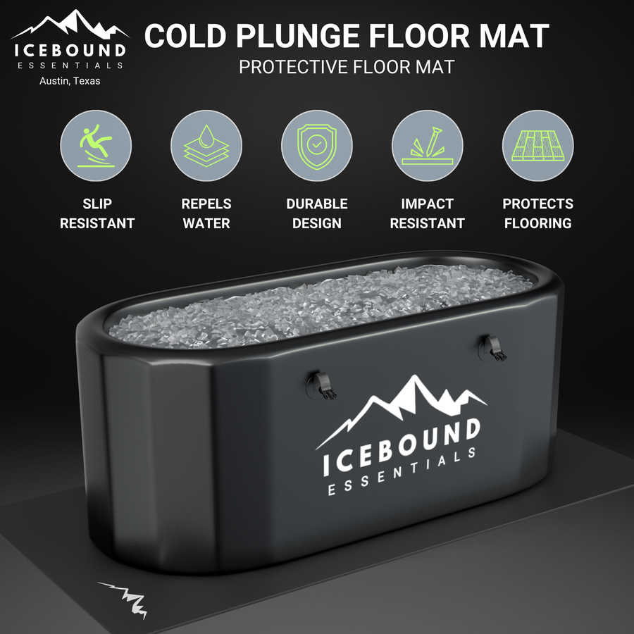 A black Performance Pad from Icebound Essentials sits beneath a cold plunge tub, offering slip resistance, water repellency, durable and impact-resistant design, and equipment protection for your home gym. Logo is visible on the pad and tub.