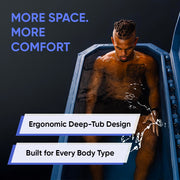 A man sits in the spacious Modtub 2.0 Cold Plunge by Modtub, enjoying its ergonomic deep-tub design—built for every body type with USA-made quality. Text reads MORE SPACE. MORE COMFORT.