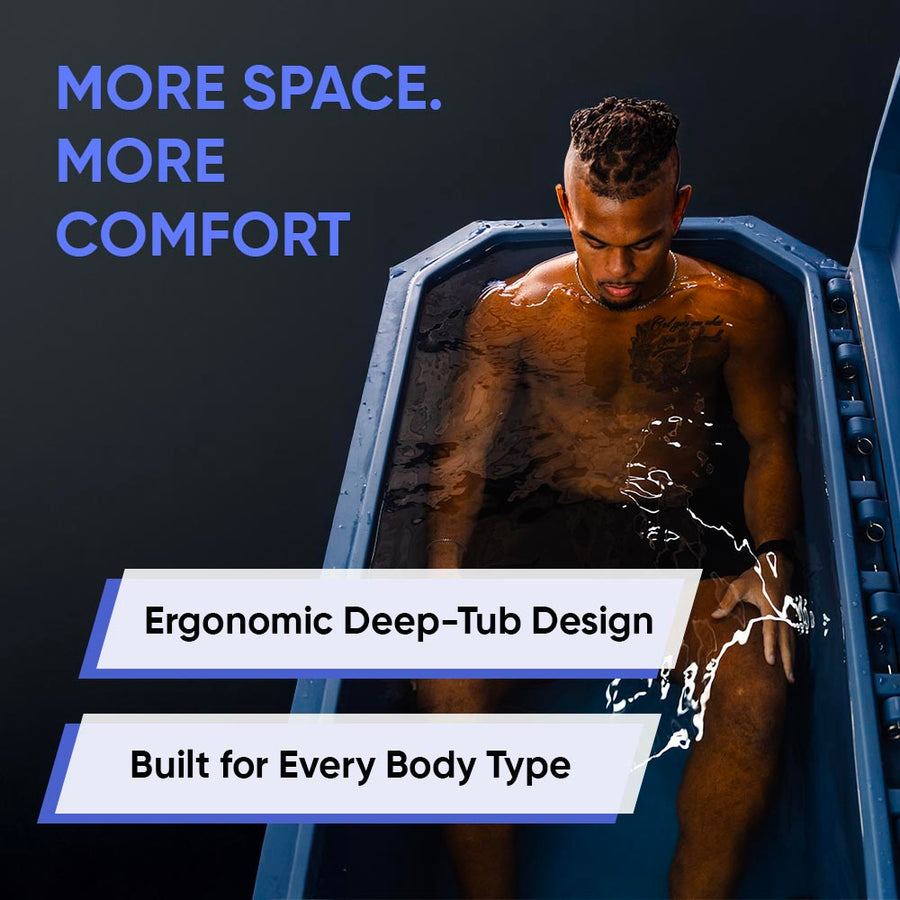 A man sits in the spacious Modtub 2.0 Cold Plunge by Modtub, enjoying its ergonomic deep-tub design—built for every body type with USA-made quality. Text reads MORE SPACE. MORE COMFORT.