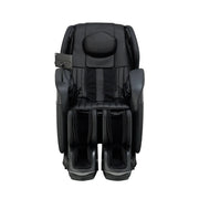 The Osaki 4D YogaFlex Massage Chair by Osaki, shown from the front on a white background, is black and high-tech with padded armrests, headrest, multiple leg massager compartments, SL-Track 4D Massage Mechanism, and a control panel on one arm.