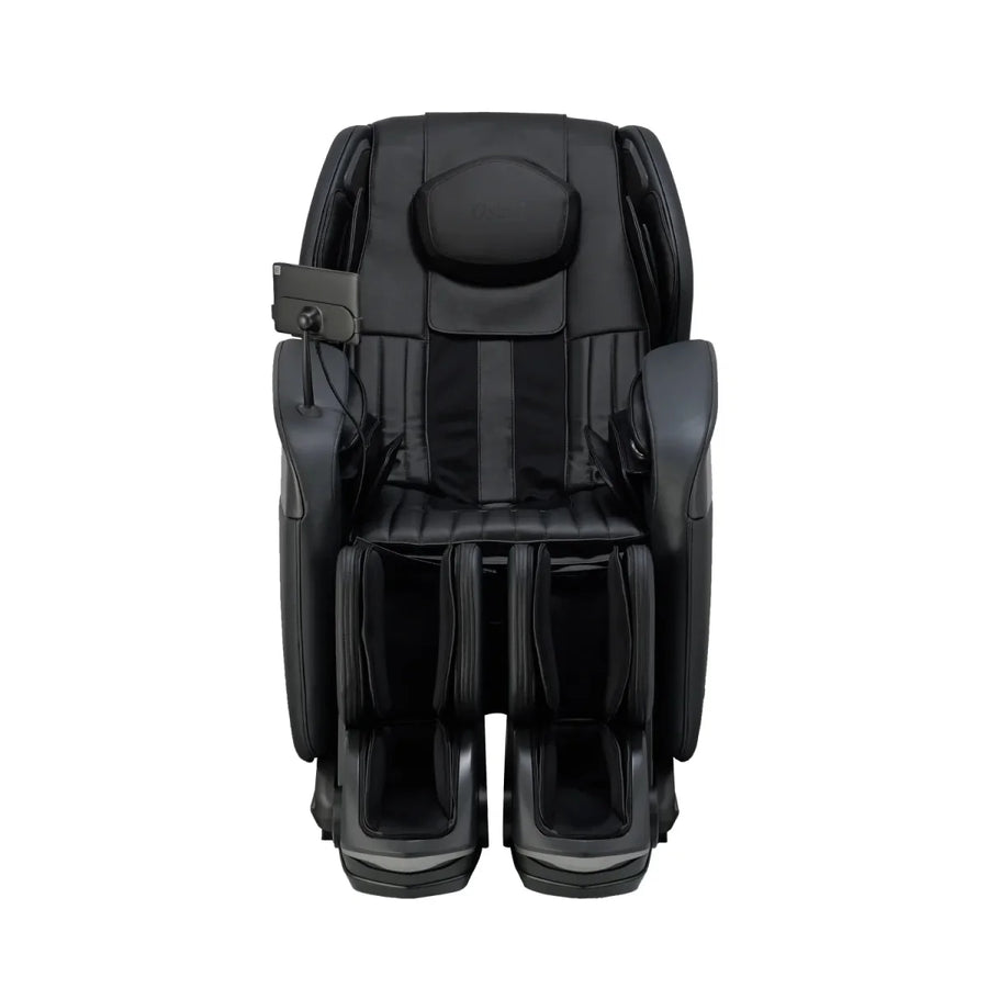 The Osaki 4D YogaFlex Massage Chair by Osaki, shown from the front on a white background, is black and high-tech with padded armrests, headrest, multiple leg massager compartments, SL-Track 4D Massage Mechanism, and a control panel on one arm.
