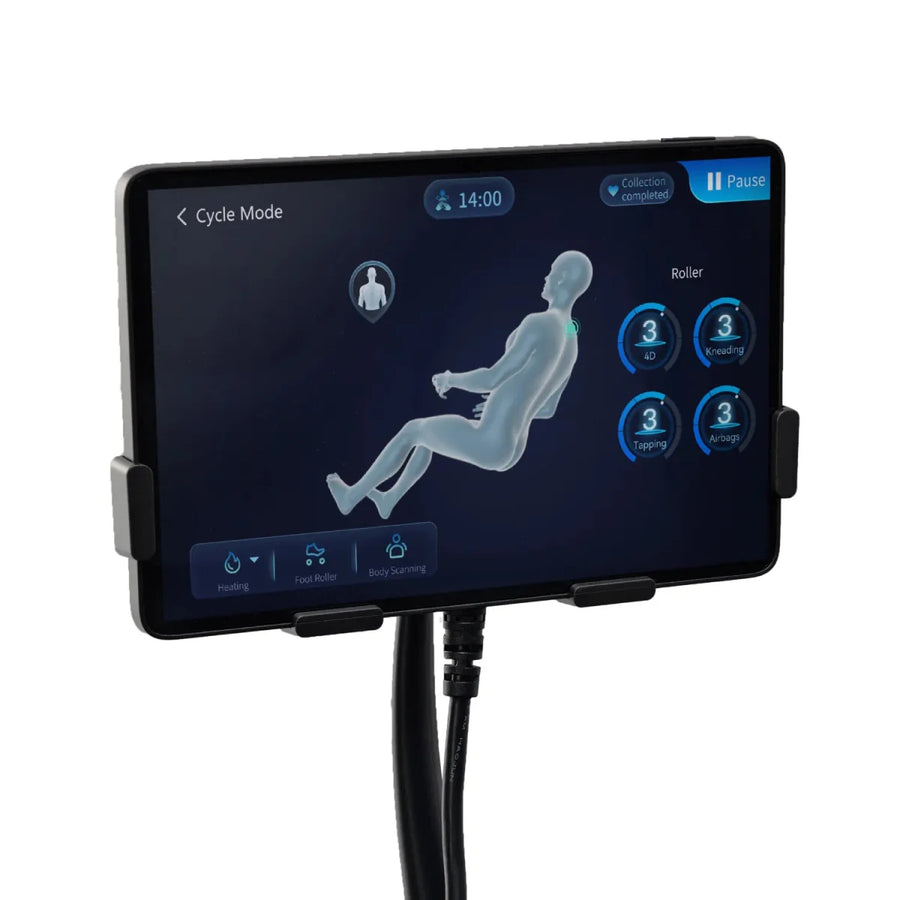 The Osaki 4D YogaFlex Massage Chair's tablet screen shows a 3D human figure, SL-Track 4D massage settings like tapping and kneading, leg massager controls, timer, and a body condition health detector.