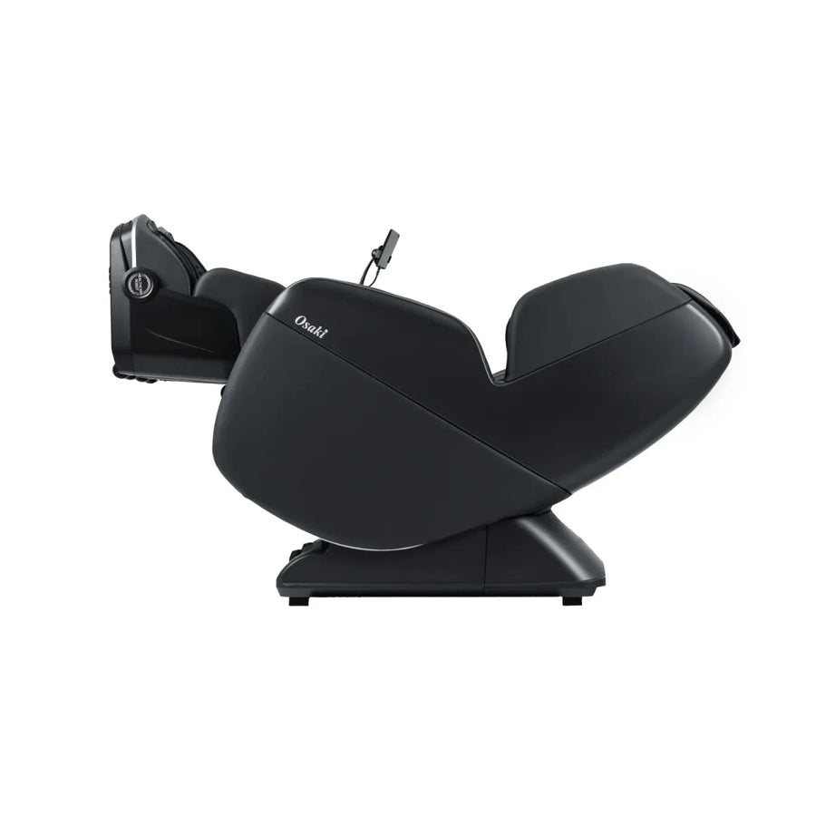 The Osaki 4D YogaFlex Massage Chair by Osaki features a modern black design with a sleek curve and compact control panel. Its SL-Track 4D Massage Mechanism delivers deeply soothing comfort, shown fully reclined against a white backdrop.