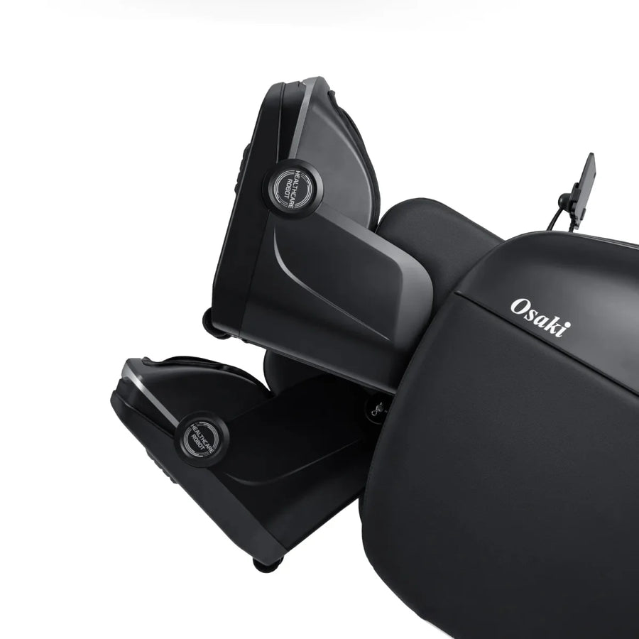 Close-up of the Osaki 4D YogaFlex Massage Chair in black, highlighting its SL-Track 4D Massage Mechanism and adjustable leg and footrest with a soothing leg massager, set against a white background.