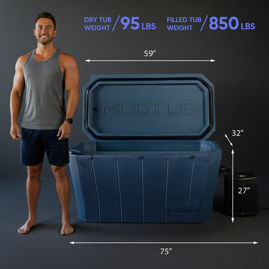 A man in athletic wear stands beside the USA-made Modtub 2.0 Cold Plunge by Modtub, measuring 75" long, 59" wide, 32" tall, and 27" deep. Dry weight: 95 lbs; filled: 850 lbs—ideal for cold therapy.