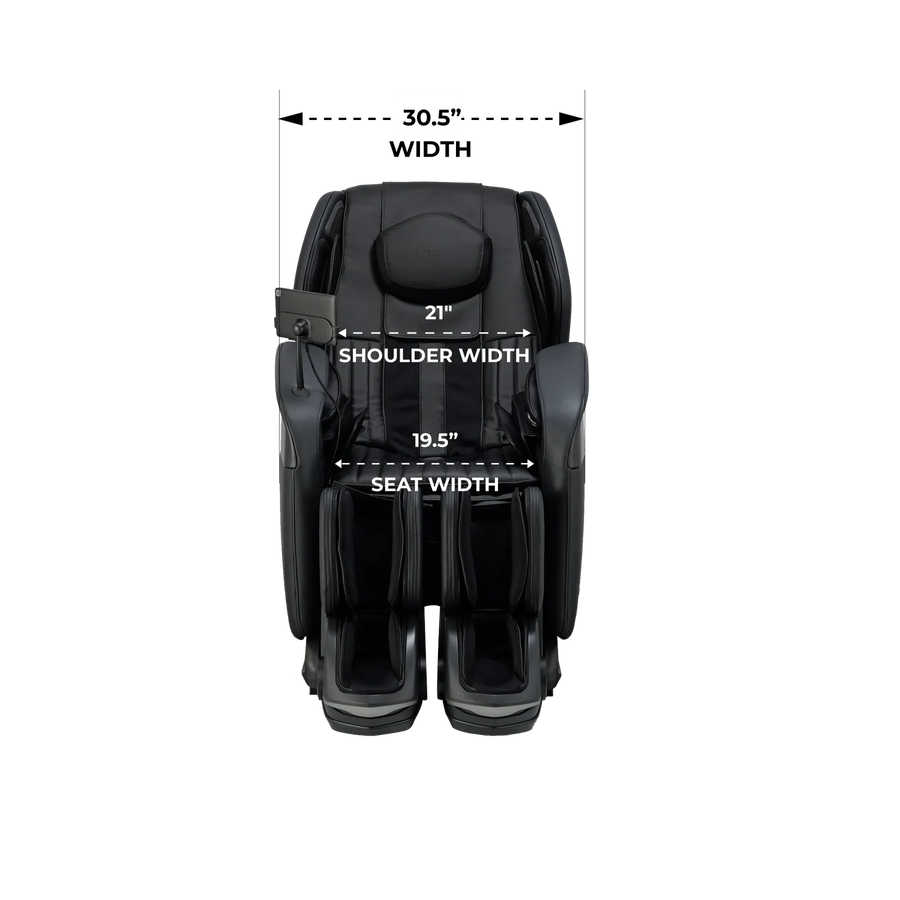 Front view of the Osaki 4D YogaFlex Massage Chair in black, with SL-Track 4D Massage Mechanism. Labeled measurements: total width 30.5", shoulder width 21", seat width 19.5", shown on a plain white background.