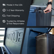 Collage shows a person handling the Modtub 2.0 Cold Plunge - Tub Only, features like cold therapy benefits, warranty, fast shipping, and trust by athletes/first responders listed on the left, plus a close-up of Modtub branding and equipment.