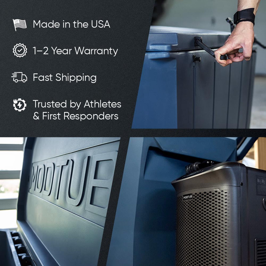 Collage shows a person handling the Modtub 2.0 Cold Plunge - Tub Only, features like cold therapy benefits, warranty, fast shipping, and trust by athletes/first responders listed on the left, plus a close-up of Modtub branding and equipment.