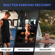 Three scenes show people using the Modtub 2.0 Cold Plunge - Tub Only by Modtub: a man in a garage gym, a woman in a recovery room, and a man on a patio, with the text Built for Everyday Recovery.