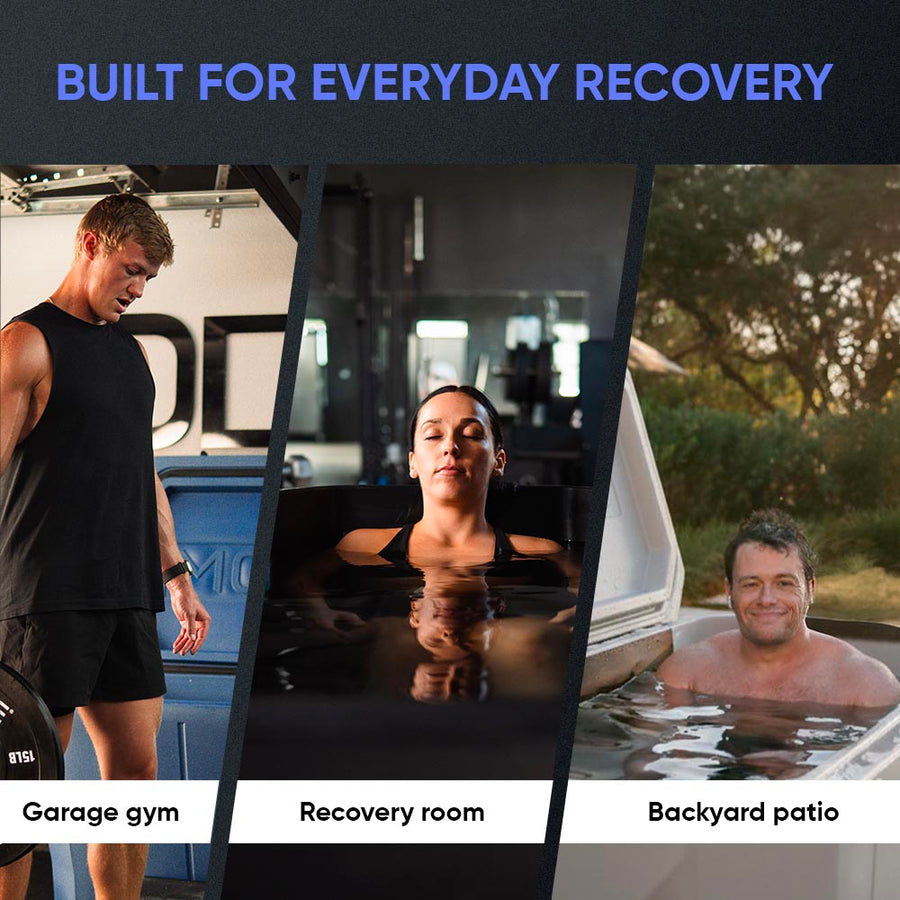Three scenes show people using the Modtub 2.0 Cold Plunge - Tub Only by Modtub: a man in a garage gym, a woman in a recovery room, and a man on a patio, with the text Built for Everyday Recovery.