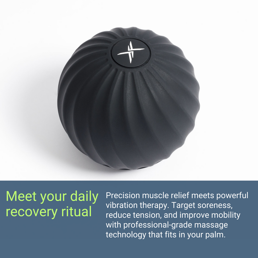 The Icebound Essentials VibePro Pulse, a black round ridged massage ball with a white logo, is featured above text promoting daily recovery and improved mobility through deep massage and vibration therapy for muscle relief.