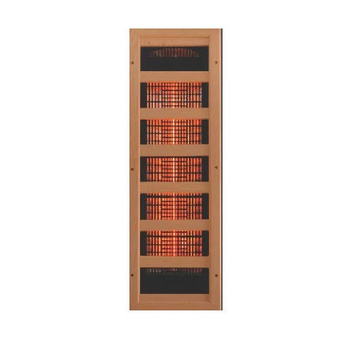 The Maxxus 3 Person Full Spectrum IR Sauna (MX-M356-01-FS CED) by Golden Designs features a rectangular electric infrared heater with a wooden Canadian red cedar frame and five vertical heating elements inside a black grid.