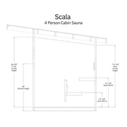 Line drawing of the Almost Heaven Timberline (Scala Medium) 6 Person Cabin Sauna cross-section, showing a slanted roof, dual-height benches, window and door placement, plus detailed height measurements for structure and interior features.