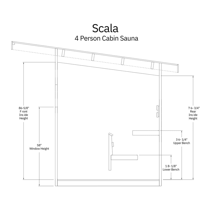 Line drawing of the Almost Heaven Timberline (Scala Medium) 6 Person Cabin Sauna cross-section, showing a slanted roof, dual-height benches, window and door placement, plus detailed height measurements for structure and interior features.