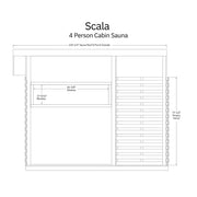 Line drawing floor plan of the Almost Heaven Timberline (Scala Medium) 6 Person Cabin Sauna, featuring two windows, a right-side privacy fence, and measurements for the roof, porch, and windows.