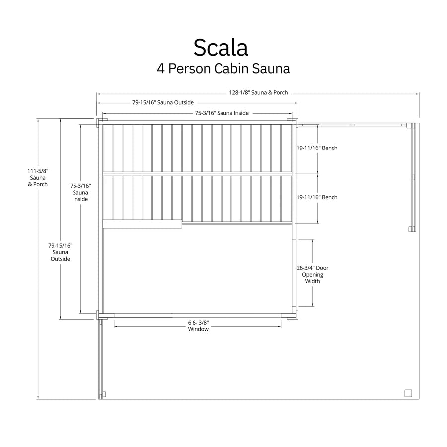 Architectural floor plan for the Almost Heaven Timberline (Scala Medium) 6 Person Cabin Sauna, with labeled dimensions, benches, window, door, and porch area—featuring detailed measurements for each section.