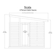 Line drawing of the Almost Heaven Timberline (Scala Medium) 6 Person Cabin Sauna by Almost Heaven, featuring front height 106-3/4", rear height 98-3/4", door opening 69-1/4", and outside width (roof and porch) 123-1/4".