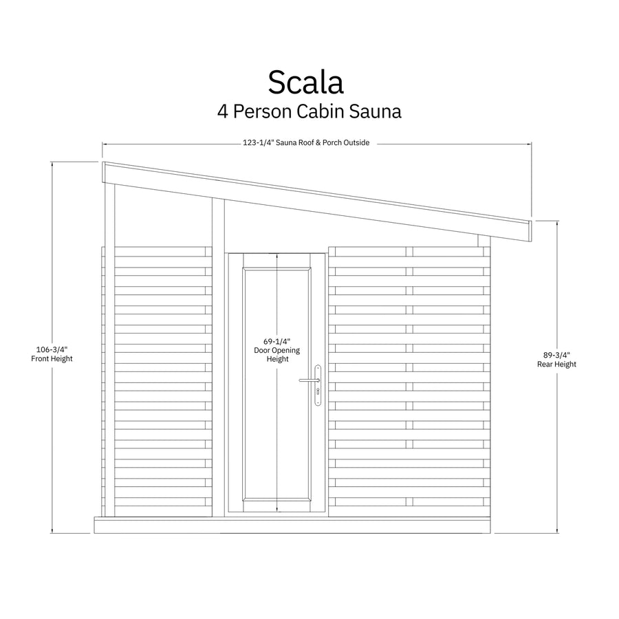 Line drawing of the Almost Heaven Timberline (Scala Medium) 6 Person Cabin Sauna by Almost Heaven, featuring front height 106-3/4", rear height 98-3/4", door opening 69-1/4", and outside width (roof and porch) 123-1/4".
