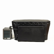 The Modtub 2.0 Vanity Cover by Modtub is a large black sensory deprivation tank with a closed lid and concealed pump, connected by an external hose to its filtration and control unit, all set against a plain white background.