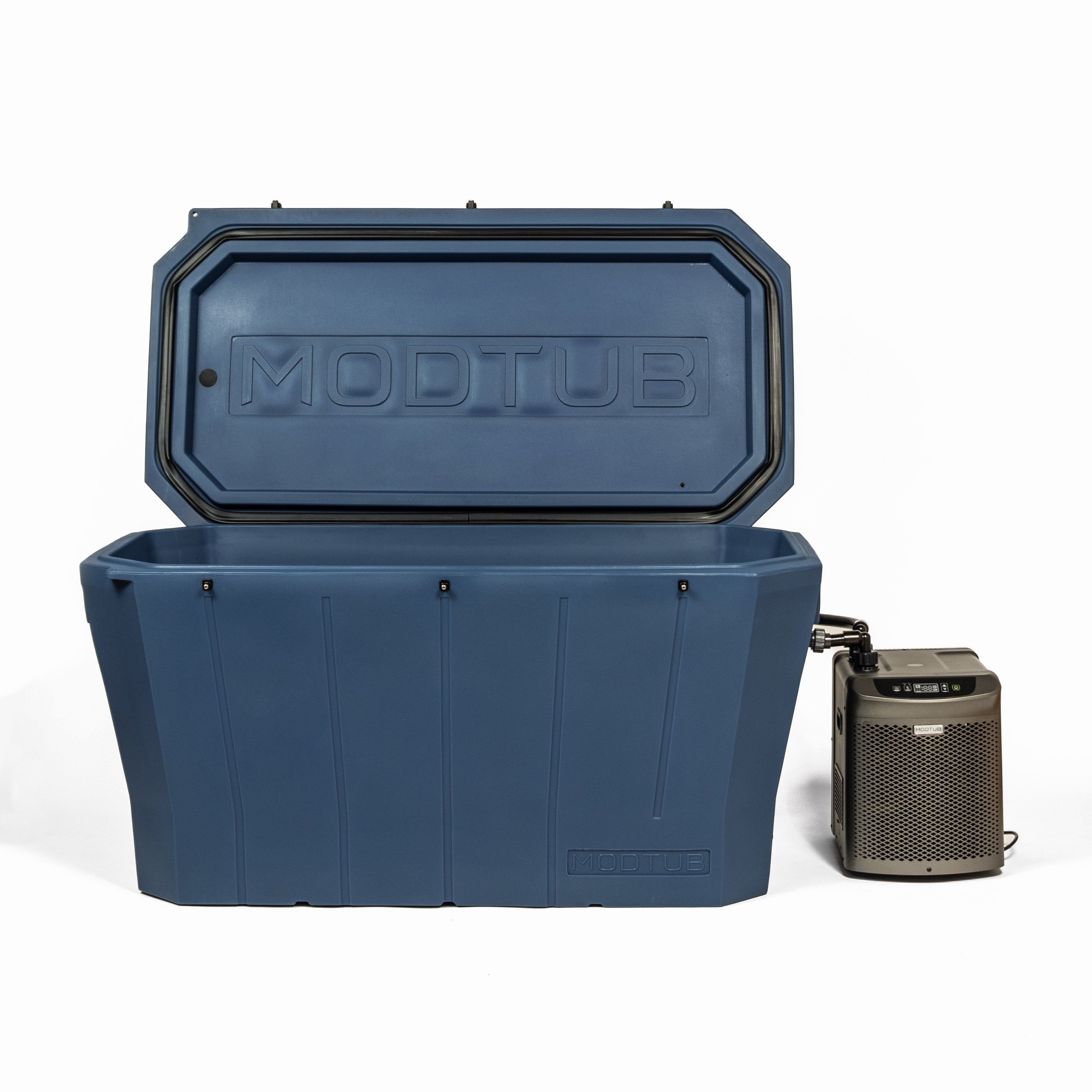 The Modtub 2.0 - Cold Plunge System by Modtub features a large blue rectangular tub with an open lid, connected by a hose to a compact digital control unit beside it, all shown on a white background.