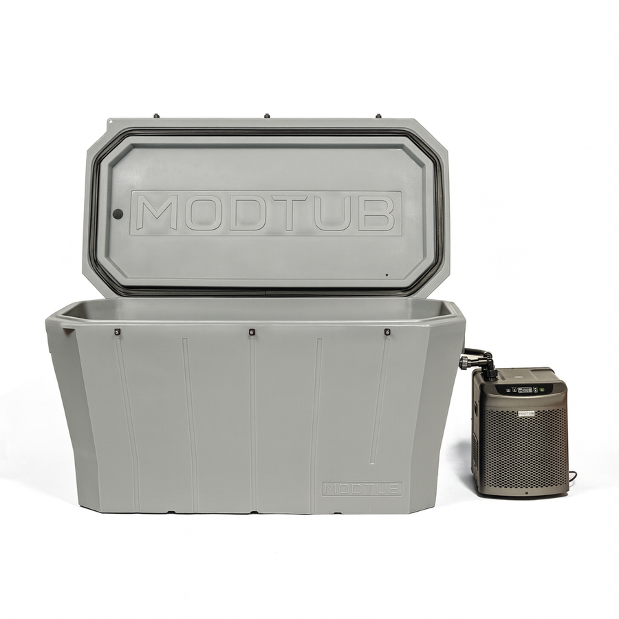 A spacious gray rectangular Modtub 2.0 - Cold Plunge System by Modtub with an open lid, shown next to a black and silver external control unit—ideal for USA-made cold plunge and cold therapy sessions.