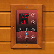 The Golden Designs Dynamic Venice Elite 2 Person Ultra Low EMF FAR Infrared sauna features a wood-framed digital control panel with temperature (128°F), timer (60 min), light, Bluetooth, power, and more—ideal for two-person relaxation.