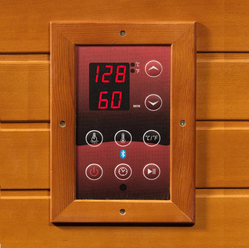 The Golden Designs Dynamic Venice Elite 2 Person Ultra Low EMF FAR Infrared sauna features a wood-framed digital control panel with temperature (128°F), timer (60 min), light, Bluetooth, power, and more—ideal for two-person relaxation.