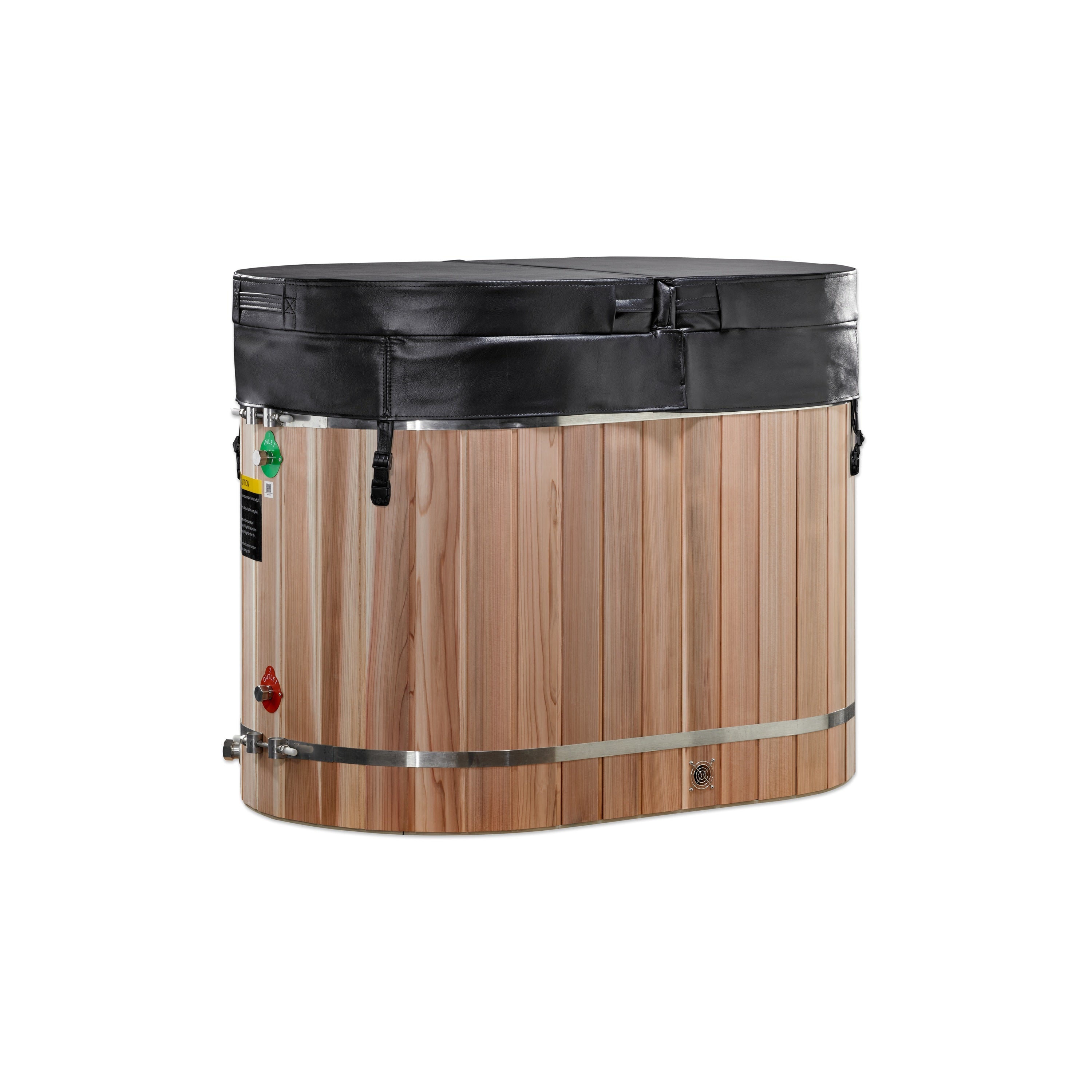 The Dynamic Cold Therapy Oval Barrel Tub Cold Plunge (50-P) Pacific Cedar by Golden Designs features vertical wood panels, metal bands, a fitted black cover, and an elegant oval design—ideal for muscle recovery as a cold plunge pool.