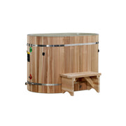 The Dynamic Cold Therapy Oval Barrel Tub Cold Plunge (50-P) Pacific Cedar by Golden Designs features sturdy metal bands and a matching step stool, ideal for muscle recovery and cold plunge therapy, shown isolated on a white background.