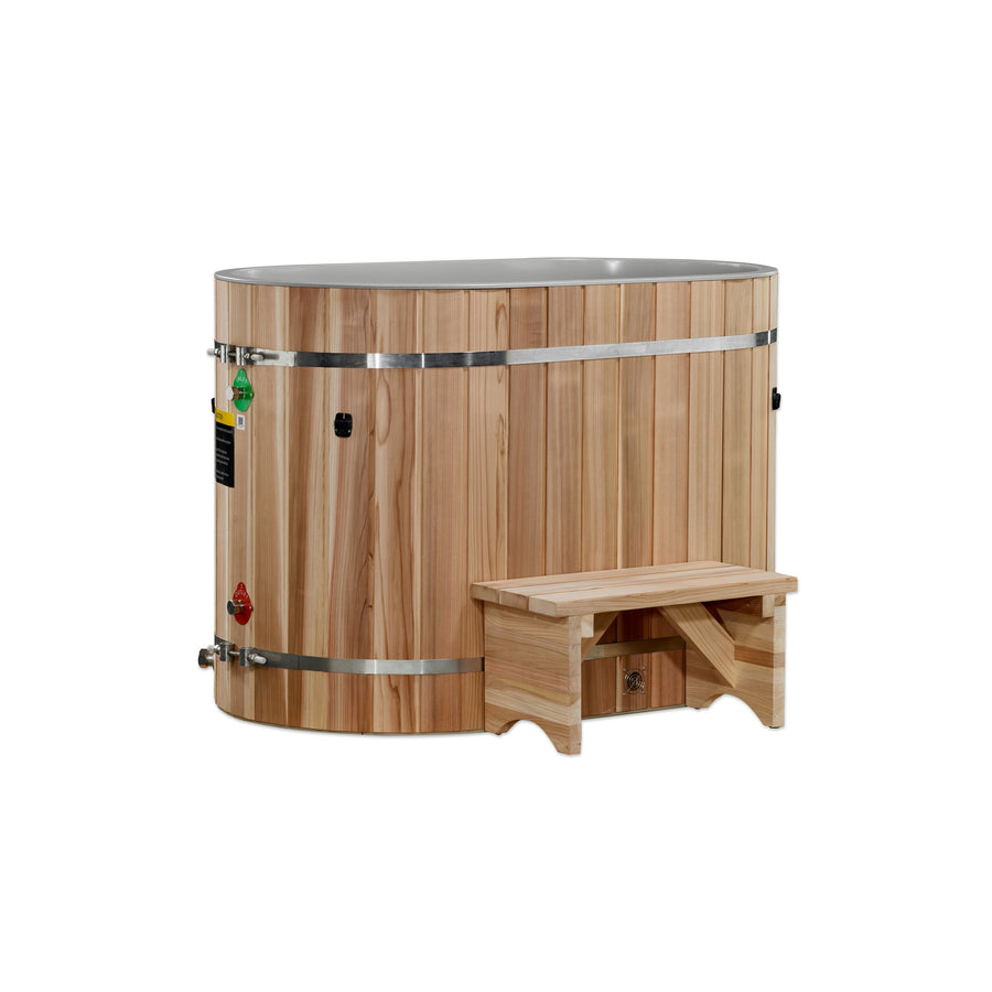 The Golden Designs Dynamic Cold Therapy Oval Barrel Tub Cold Plunge (50-P) in Pacific Cedar features metal bands and a matching step stool—ideal for muscle recovery or cold plunge pools—shown against a plain white background.