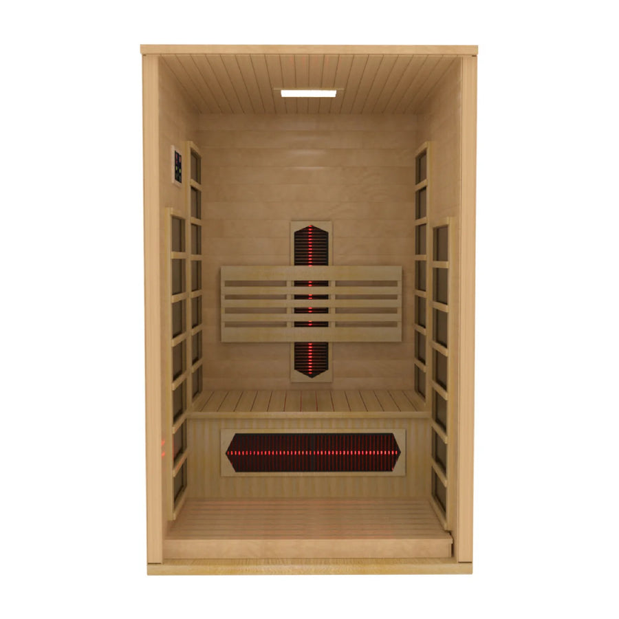 The Golden Designs Dynamic Gracia 1-2-Person Full Spectrum Near Zero EMF FAR IR Sauna (DYN-6119-03 FS) features a bench, back and side full spectrum panel heaters, and ceiling light, visible from the open front entrance.