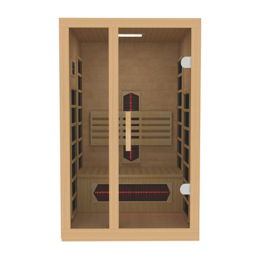 The Golden Designs Dynamic Gracia 1-2-Person Full Spectrum Near Zero EMF FAR IR Sauna (DYN-6119-03 FS) features glass doors, two benches, black and red heating panels, and a modern light wood interior for a relaxing sauna experience.