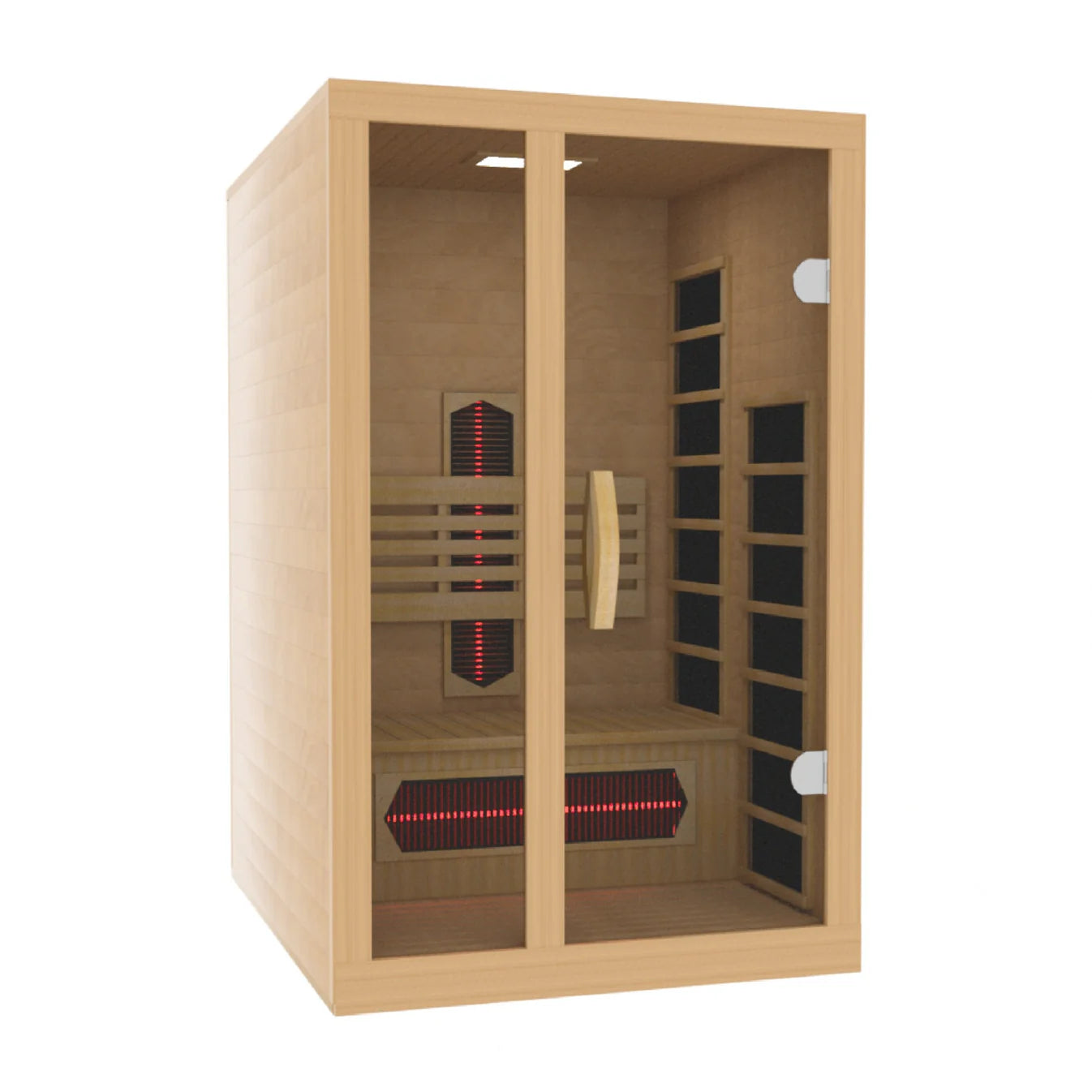 The Golden Designs Dynamic Gracia 1-2-Person Full Spectrum Near Zero EMF FAR IR Sauna (DYN-6119-03 FS) features glass doors, an interior bench, black wall and floor heaters, and a red-lit vertical back heater for a relaxing sauna experience.
