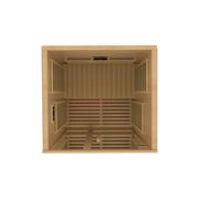 Top-down view of the Golden Designs Dynamic Gracia 1-2-Person Full Spectrum Near Zero EMF FAR IR Sauna (DYN-6119-03 FS), featuring slatted benches on three sides, slatted walls, a rear heater unit, and a front glass door against a white background.