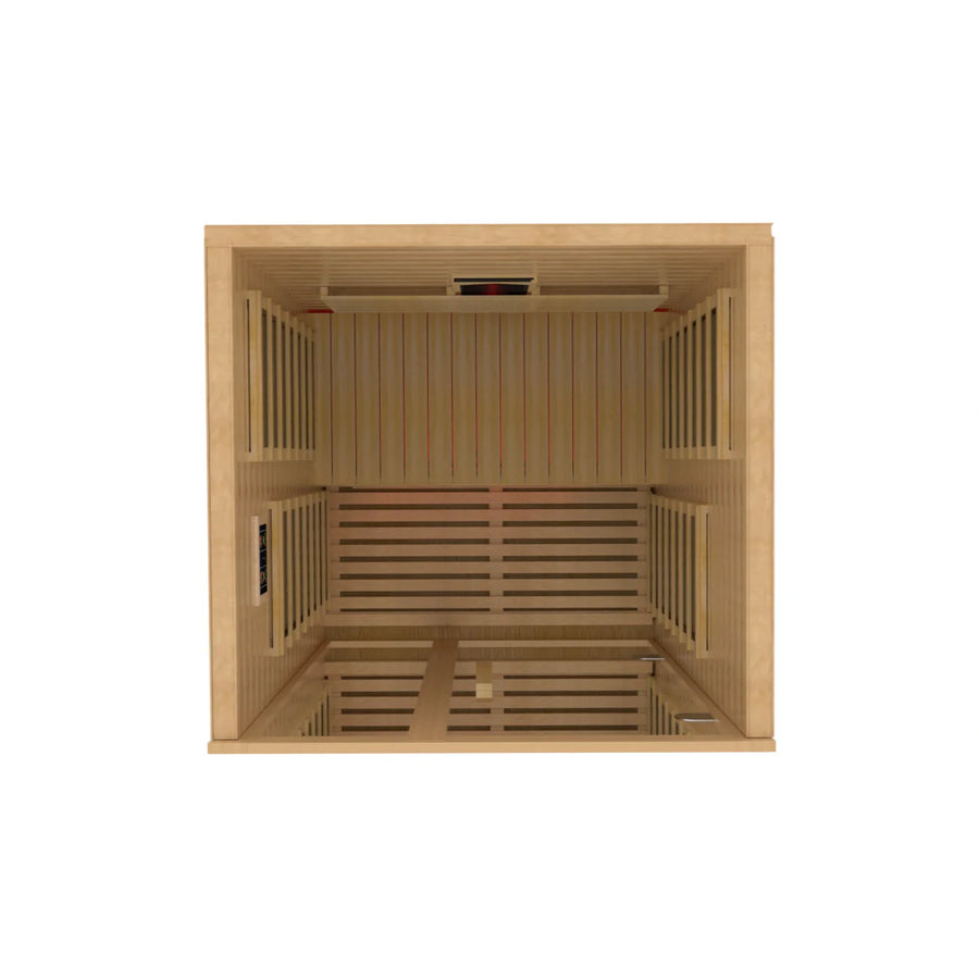 Top-down view of the Golden Designs Dynamic Gracia 1-2-Person Full Spectrum Near Zero EMF FAR IR Sauna (DYN-6119-03 FS), featuring slatted benches on three sides, slatted walls, a rear heater unit, and a front glass door against a white background.