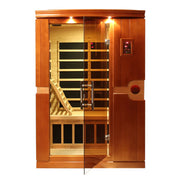 The Golden Designs Dynamic Venice Elite 2 Person Ultra Low EMF FAR Infrared sauna features a wooden build, glass door, interior seating, control panel, and built-in lighting—all shown from the front.