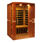 The Golden Designs Dynamic Venice Elite 2 Person Ultra Low EMF FAR Infrared sauna features wood construction, glass door, bench seating, front control panel, and soothing overhead lights for relaxation.