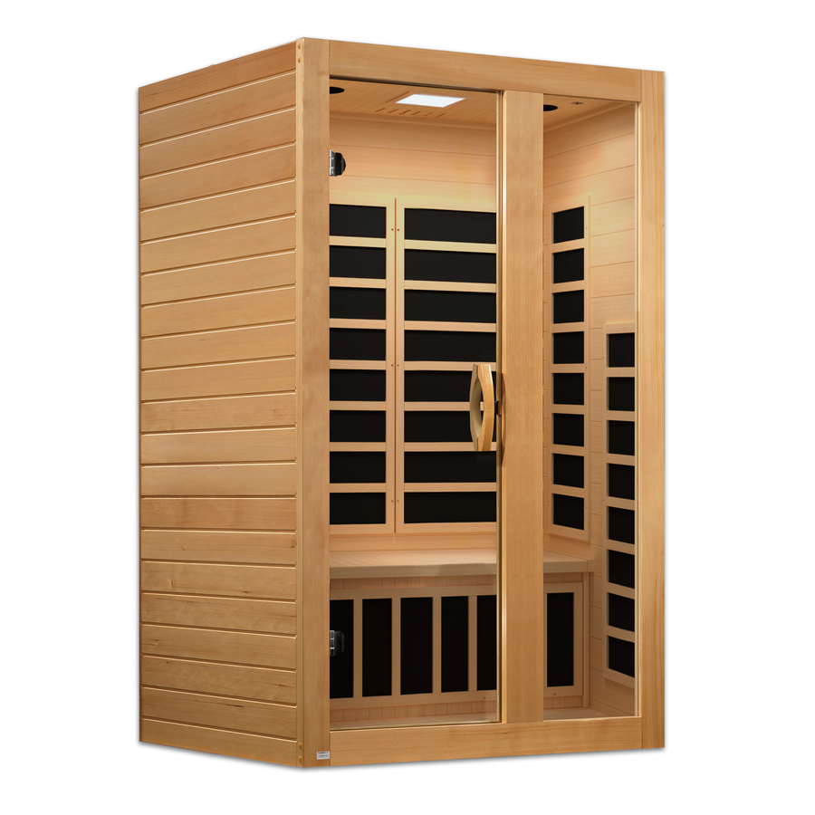 The Golden Designs Dynamic Serena 2 Person Low EMF FAR IR Sauna is made from Canadian Hemlock, features glass doors, black heaters, interior bench seating, and a sleek modern style—perfect for indoor relaxation.