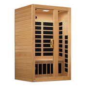 The Golden Designs Dynamic Serena 2 Person Ultra Low EMF FAR Infrared Sauna features a modern rectangular design, glass doors, black heating panels, natural Canadian Hemlock wood finish, and interior bench seating for a relaxing indoor experience.